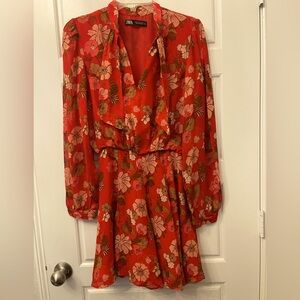 Zara Vibrant Red Floral Woman’s Dress Preloved Size: Medium